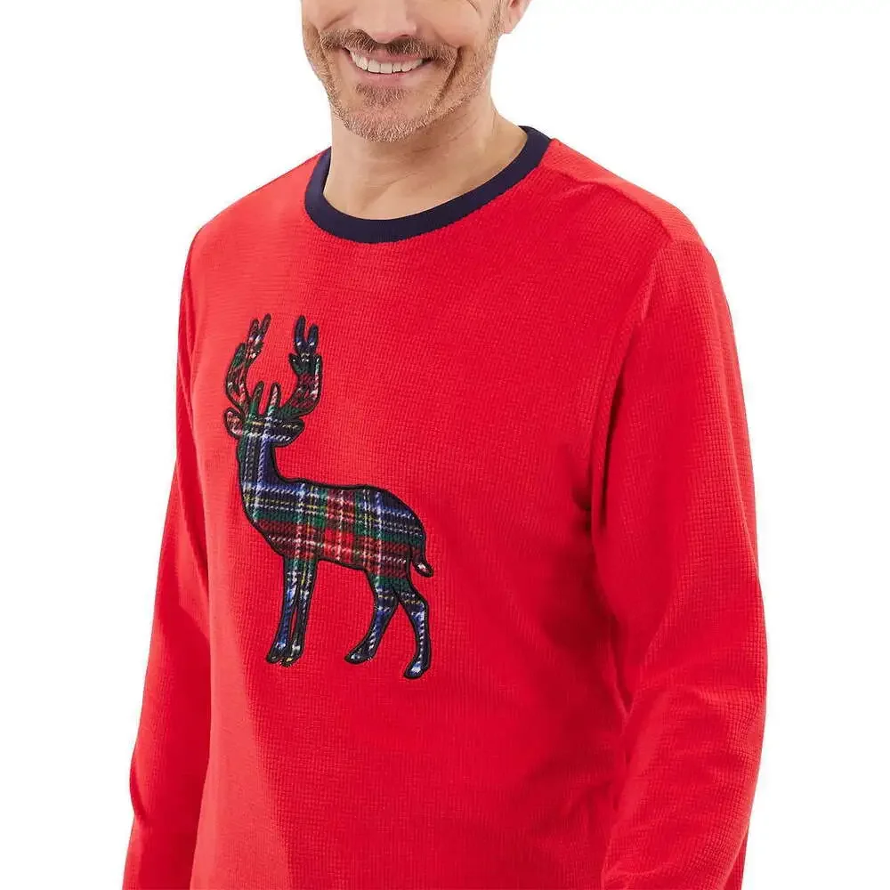 Eddie Bauer Mens Thermal Knit Red Sleep Shirt Reindeer Applique Size L
